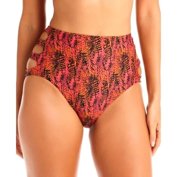 Bar III S Viper Snakeskin Ruby High-waist Cut-out Side Slit Bikini Bottom Red - Picture 3 of 8